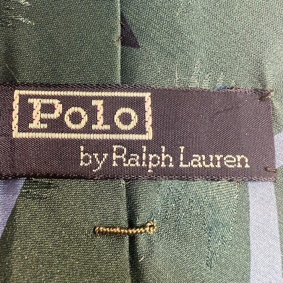 Polo Ralph Lauren USA Made Green Blue Geometric Print 100% Silk Tie - Picture 2 of 5